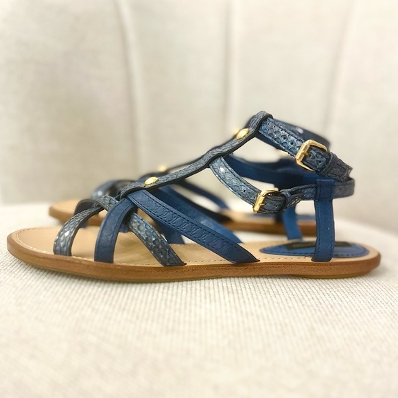 Louis Vuitton 'Ethnic' Flat Sandals Blue LV Python Flat Gladiator Shoes 37 US 7 - Picture 5 of 13